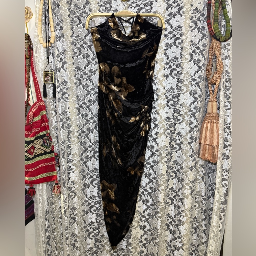 Black tan velvet asymmetrical Dress side ruching floral small adjustable straps